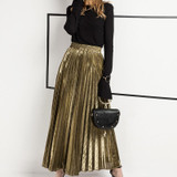 2017 New Women Metallic Silver Gold Skirt Long Skirt Elastic High Waist Metallic Pleated Skirt Party Club Ladies Saia Fenimias