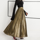 2017 New Women Metallic Silver Gold Skirt Long Skirt Elastic High Waist Metallic Pleated Skirt Party Club Ladies Saia Fenimias