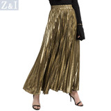 2017 New Women Metallic Silver Gold Skirt Long Skirt Elastic High Waist Metallic Pleated Skirt Party Club Ladies Saia Fenimias