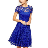 2017 New Women Floral Lace Dresses Short Sleeve Party Casual Color Blue Red Black Mini Dress Vestidos