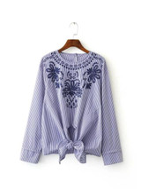 2017 new women elegant flower embroidery striped blouses shirt fashion women hem knot roupas femininas blusas long sleeve tops
