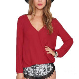2017 New Summer Womens Tops And Blouses Deep V-Neck Women Blouses Chiffon Shirts Long Sleeve Tops Black White Red Chiffon Shirt