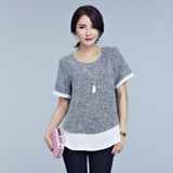 2017 New Summer Women Kimono Casual Blouses O-neck Short Sleeve Shirts Fake Two Pieces Vintage Tops Plus Size 5XL Blusas Blouse