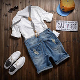 Free shipping Male Denim Jumpsuit Short Blue Denim Overalls Men Distressed Ripped Shorts Suspender jean shorts Bermuda Masculina