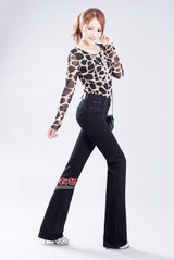 Free Shipping High Quality Women's Boot Cut Color Black Plus Long Jeans High Waist  Wide Leg Pants Girls Flares Trousers