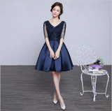 FREE shipping  Dress a short paragraph 2017 summer blue sleeve Korean Slim evening dress party dress