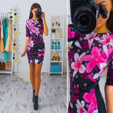 Free ship 2017 Summer style Women Flowers printed short sleeve O-Neck Dresses Vestidos Elegant Bodycon Dress Sheath Robes dress Free ship 2017 Summer style Women Flowers printed short sleeve O-Neck Dresses Vestidos Elegant Bodycon Dress Sheath Robes dress