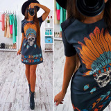 Free ship 2017 Summer style Women Flowers printed short sleeve O-Neck Dresses Vestidos Elegant Bodycon Dress Sheath Robes dress Free ship 2017 Summer style Women Flowers printed short sleeve O-Neck Dresses Vestidos Elegant Bodycon Dress Sheath Robes dress