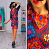 Free ship 2017 Summer style Women Flowers printed short sleeve O-Neck Dresses Vestidos Elegant Bodycon Dress Sheath Robes dress Free ship 2017 Summer style Women Flowers printed short sleeve O-Neck Dresses Vestidos Elegant Bodycon Dress Sheath Robes dress