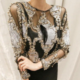 Brand famous  New 2017 women crystal Blouses sexy perspective lace beads tops and shirts female blouses blusa femme camisa