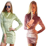 New Autumn Sexy Velvet Dresse Women Long Sleeve Turtleneck Dress For Party Club Elegant Bodycon Mini Pencil Dress WS3453O