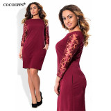 New Autumn Ladies Solid Lace Women Dress Sexy O-neck Long Sleeve Large Size Slim Dress  6XL Plus Size Vestido Party