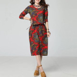 New Autumn  Ethnic Print Cotton Linen women dress Long sleeve O-Neck Casual Loose Long Dresses robe