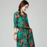 New Autumn  Ethnic Print Cotton Linen women dress Long sleeve O-Neck Casual Loose Long Dresses robe