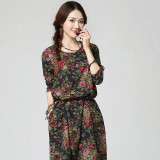 New Autumn  Ethnic Print Cotton Linen women dress Long sleeve O-Neck Casual Loose Long Dresses robe