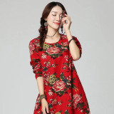 New Autumn  Ethnic Print Cotton Linen women dress Long sleeve O-Neck Casual Loose Long Dresses robe