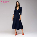S.FLAVOR Women Thin A-line Dress Elegant V-neck Mid Calf dress for female Women Casual solid color Spring vestidos with belt