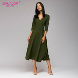 S.FLAVOR Women Thin A-line Dress Elegant V-neck Mid Calf dress for female Women Casual solid color Spring vestidos with belt