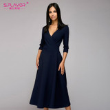 S.FLAVOR Women Thin A-line Dress Elegant V-neck Mid Calf dress for female Women Casual solid color Spring vestidos with belt