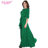 S.FLAVOR Women solid color long dress Elegant O-neck lantern sleeve casual vestidos for female 2018 women Spring Summer dress