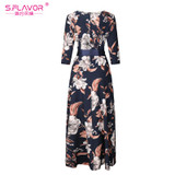S.FLAVOR women flowers printing elegant dress good quality O-neck floor-length vestidos with belt women casual autumn vestidos