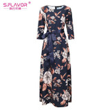 S.FLAVOR women flowers printing elegant dress good quality O-neck floor-length vestidos with belt women casual autumn vestidos