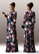 S.FLAVOR women casual dress 2017 New Fashion Print long Dress Women autumn O-neck elegant vestidos with belt good quality