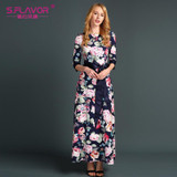 S.FLAVOR women casual dress 2017 New Fashion Print long Dress Women autumn O-neck elegant vestidos with belt good quality
