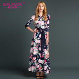 S.FLAVOR women casual dress 2017 New Fashion Print long Dress Women autumn O-neck elegant vestidos with belt good quality