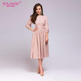 S.FLAVOR Elegant women A-line dress 2018 new style dot printing draped long dress with belt Women casual spring summer vestidos