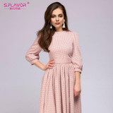 S.FLAVOR Elegant women A-line dress 2018 new style dot printing draped long dress with belt Women casual spring summer vestidos
