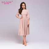 S.FLAVOR Elegant women A-line dress 2018 new style dot printing draped long dress with belt Women casual spring summer vestidos