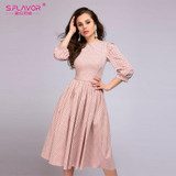 S.FLAVOR Elegant women A-line dress 2018 new style dot printing draped long dress with belt Women casual spring summer vestidos
