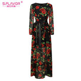 S.FLAVOR Brand Women long Dress hot sale 2017 Autumn Winter Russian Style Print Dresses Long Floor-Length Elegant vestidos