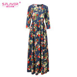 S.FLAVOR Brand Women long Dress hot sale 2017 Autumn Winter Russian Style Print Dresses Long Floor-Length Elegant vestidos