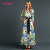S.FLAVOR Brand Women long Dress hot sale 2017 Autumn Winter Russian Style Print Dresses Long Floor-Length Elegant vestidos