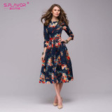 S.FLAVOR Bohemian style women dress Hot sale three quarter sleeve elegant vestidos women printing long autumn dress no belt