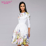 S.FLAVOR 2018 NEW Women casual knee-length dress Elegant printing O-neck A-line Vestidos women spring summer party dress