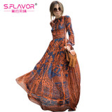 S.FLAVOR 2017 Summer Fashion Women Long Dress Long sleeve Print Maxi Dress Elegant Casual Party Dresses Vestidos chiffon dress
