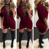 S-XXL Summer T Shirt Dress 2017 Women Deep V Neck Lace Up Sexy Bandage Party Dresses Casual T-Shirt Dress Vestidos S-XXL Summer T Shirt Dress 2017 Women Deep V Neck Lace Up Sexy Bandage Party Dresses Casual T-Shirt Dress Vestidos