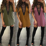 S-XXL Summer T Shirt Dress 2017 Women Deep V Neck Lace Up Sexy Bandage Party Dresses Casual T-Shirt Dress Vestidos S-XXL Summer T Shirt Dress 2017 Women Deep V Neck Lace Up Sexy Bandage Party Dresses Casual T-Shirt Dress Vestidos