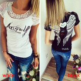 S-XXL Summer Fashion Women's T shirt Back Hollow Angel Wings T-shirt Tops Woman Casual Lace Short Sleeve Tops T shirts Clothing