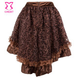 s-6XL Brown Asymmetrical Floral Tulle Ruffled Satin &amp; Lace Trim Gothic Skirts Womens Vintage Steampunk Clothing Victorian Skirt