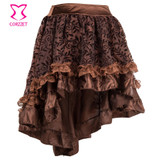 s-6XL Brown Asymmetrical Floral Tulle Ruffled Satin &amp; Lace Trim Gothic Skirts Womens Vintage Steampunk Clothing Victorian Skirt