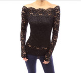 S-5XL Women Floral Lace Blouses Hollow Out Long Sleeve Slim Blouse Shirt Sexy Slash Neck Crochet Party Tops Blusas Plus Size