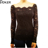 S-5XL Women Floral Lace Blouses Hollow Out Long Sleeve Slim Blouse Shirt Sexy Slash Neck Crochet Party Tops Blusas Plus Size