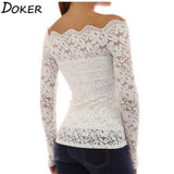 S-5XL Women Floral Lace Blouses Hollow Out Long Sleeve Slim Blouse Shirt Sexy Slash Neck Crochet Party Tops Blusas Plus Size