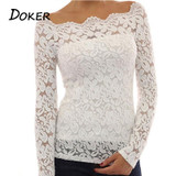 S-5XL Women Floral Lace Blouses Hollow Out Long Sleeve Slim Blouse Shirt Sexy Slash Neck Crochet Party Tops Blusas Plus Size