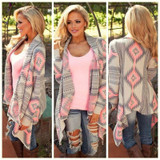 2017 new Fashion Collarless Kimono Cardigan Long Sleeve Poncho Pink Grey Sweaters Tribal Print Asymmetrical Cardigan Women Tops