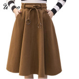 2017 New Fashion Autumn Winter Woolen Skirts High Waist Hepburn Style Ball Gown Vintage Skirts Ladies Empire Midi Skirts Belt